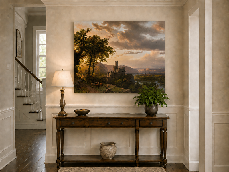 Landscape Oil Painting - Sunset Castle in a Mountain River Valley