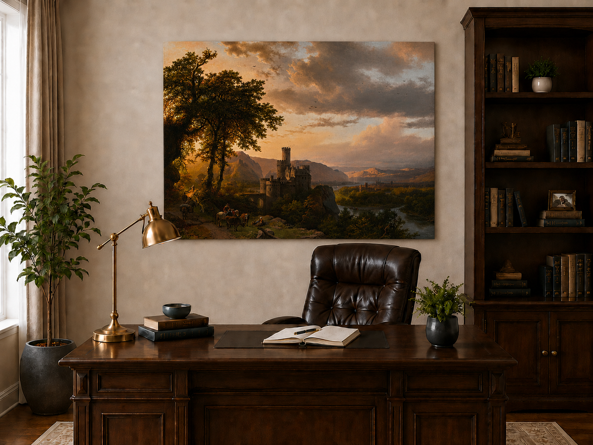 Landscape Oil Painting - Sunset Castle in a Mountain River Valley