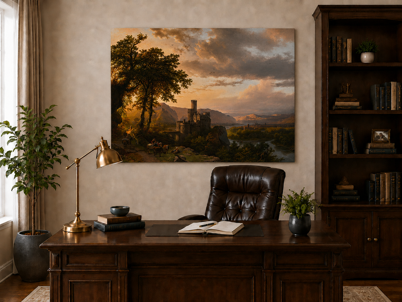 Landscape Oil Painting - Sunset Castle in a Mountain River Valley