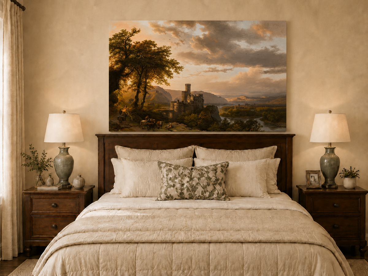 Landscape Oil Painting - Sunset Castle in a Mountain River Valley