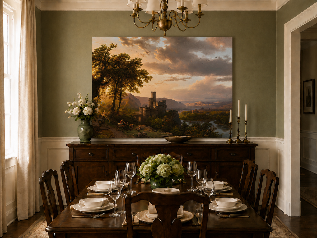 Landscape Oil Painting - Sunset Castle in a Mountain River Valley
