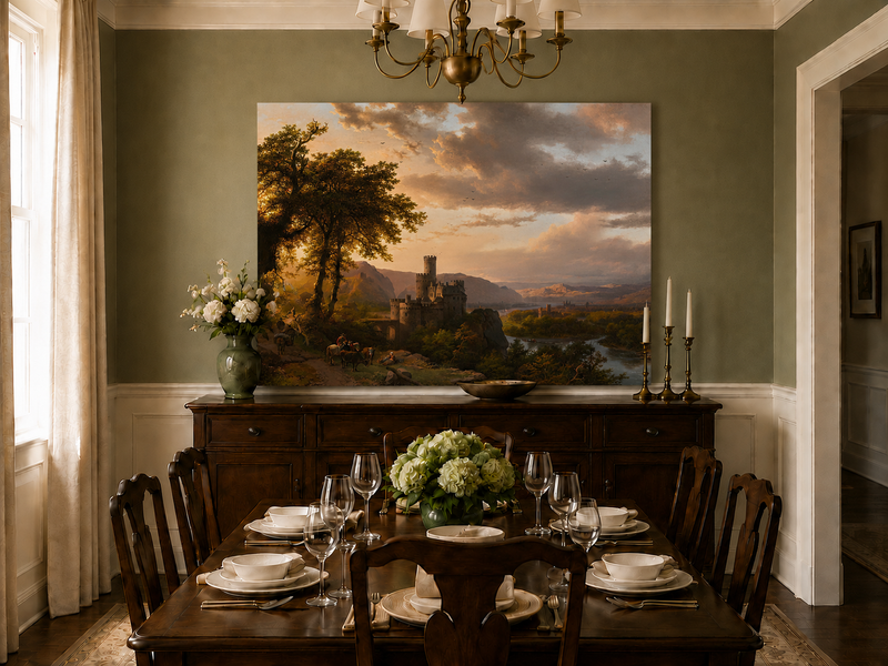Landscape Oil Painting - Sunset Castle in a Mountain River Valley