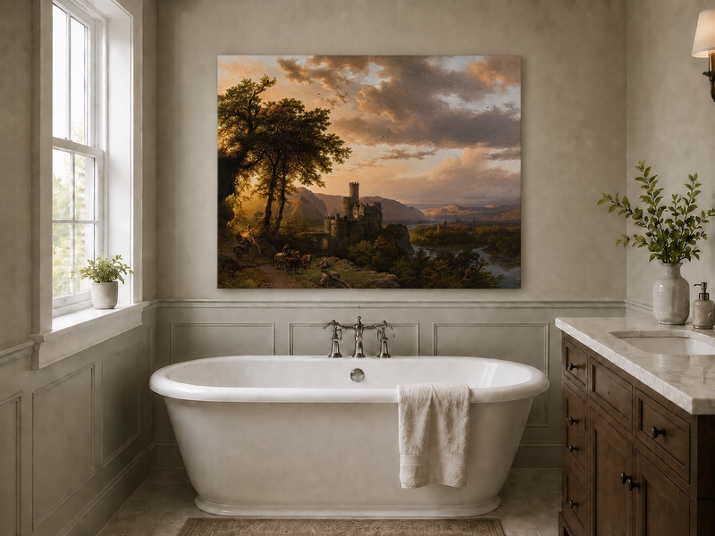 Landscape Oil Painting - Sunset Castle in a Mountain River Valley