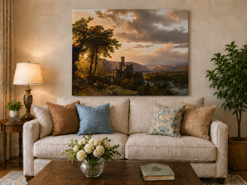 Landscape Oil Painting - Sunset Castle in a Mountain River Valley
