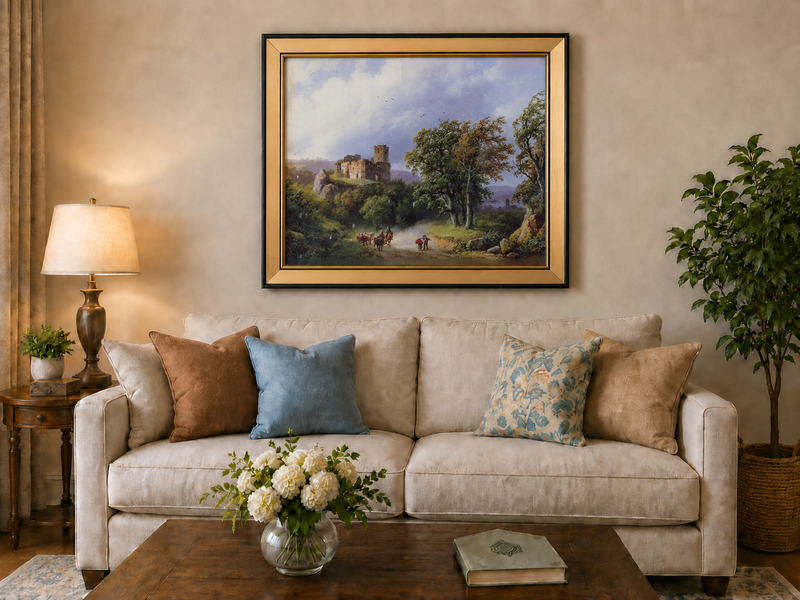 Landscape Oil Painting - Ruined Castle Road with Cattle Scene