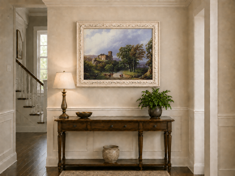Landscape Oil Painting - Ruined Castle Road with Cattle Scene