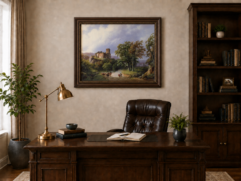 Landscape Oil Painting - Ruined Castle Road with Cattle Scene