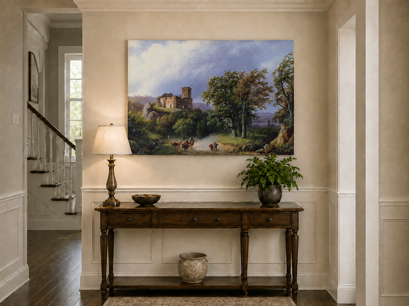 Landscape Oil Painting - Ruined Castle Road with Cattle Scene