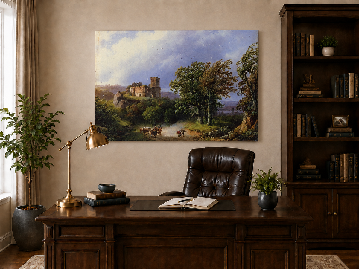 Landscape Oil Painting - Ruined Castle Road with Cattle Scene