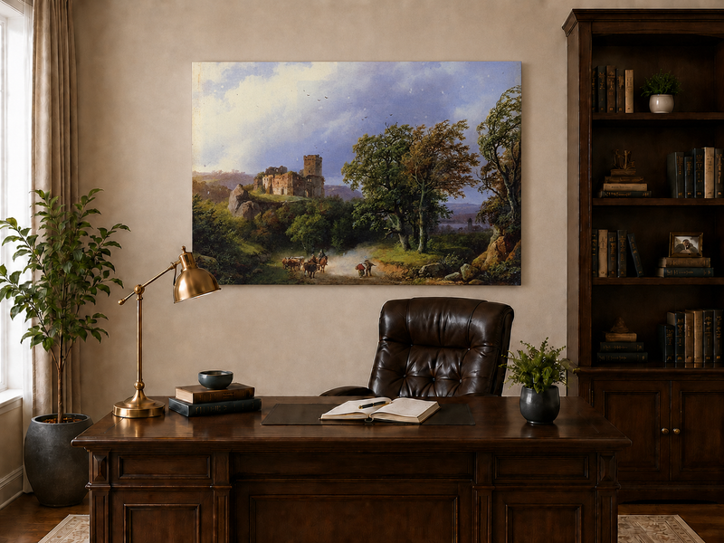 Landscape Oil Painting - Ruined Castle Road with Cattle Scene