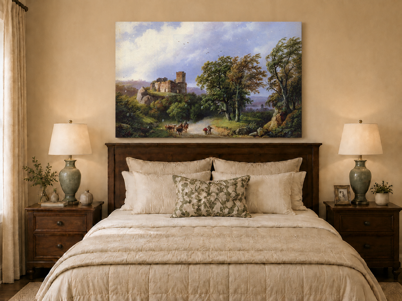 Landscape Oil Painting - Ruined Castle Road with Cattle Scene