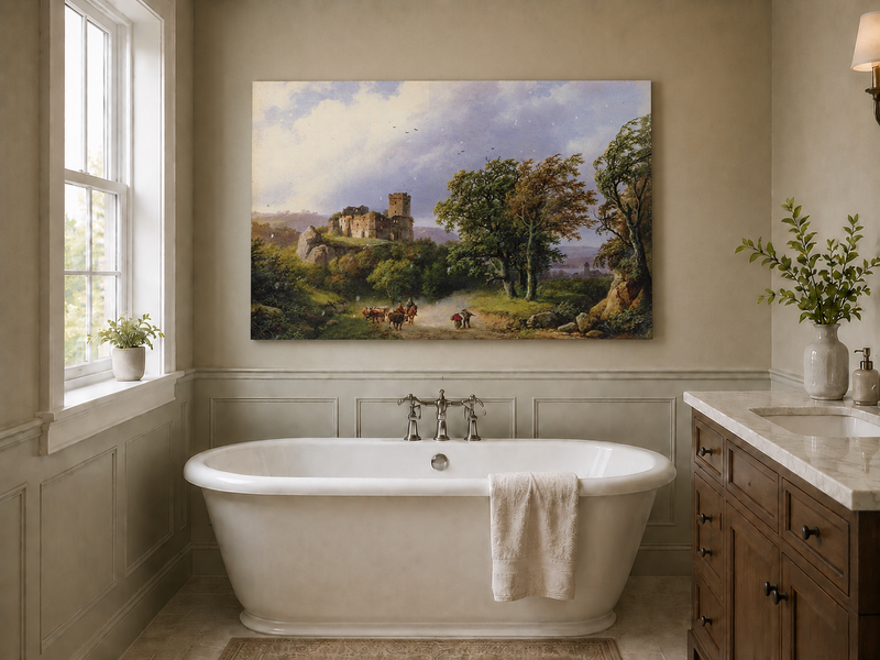 Landscape Oil Painting - Ruined Castle Road with Cattle Scene