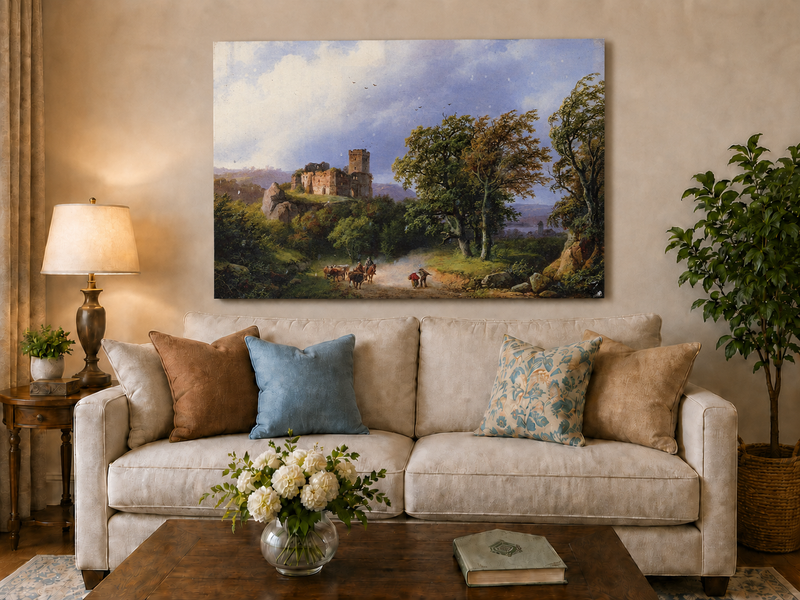 Landscape Oil Painting - Ruined Castle Road with Cattle Scene
