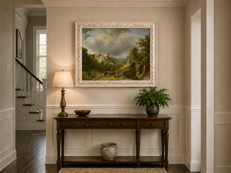 Landscape Oil Painting - Pastoral Valley with Ruins and Cattle