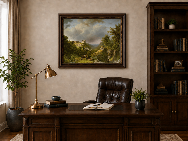 Landscape Oil Painting - Pastoral Valley with Ruins and Cattle