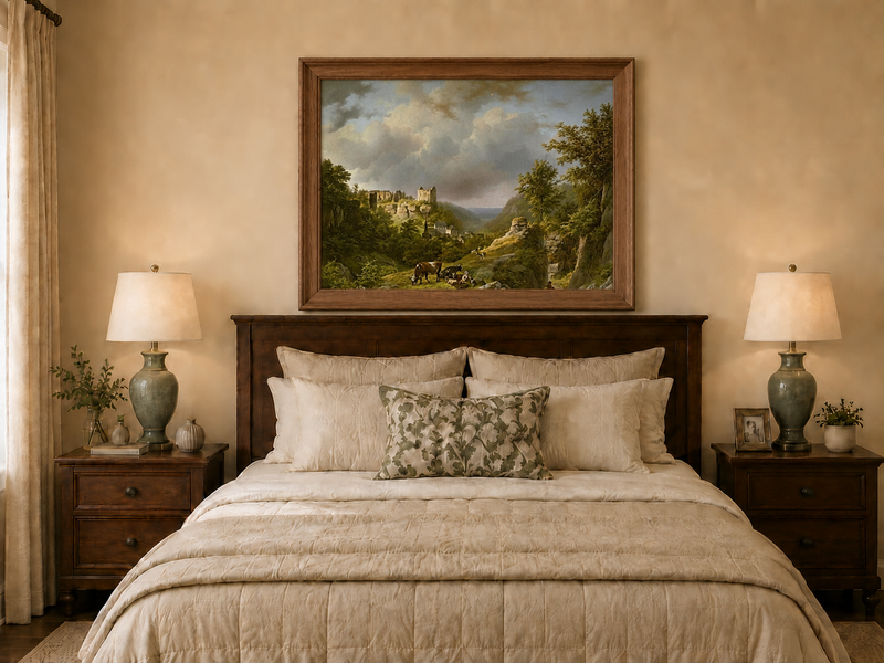 Landscape Oil Painting - Pastoral Valley with Ruins and Cattle