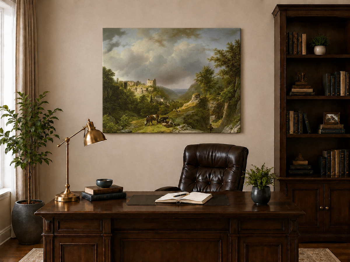Landscape Oil Painting - Pastoral Valley with Ruins and Cattle