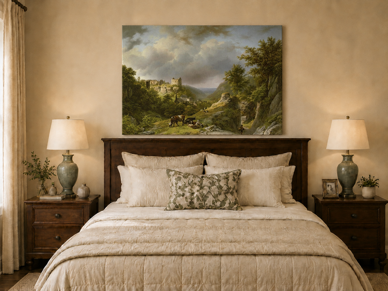 Landscape Oil Painting - Pastoral Valley with Ruins and Cattle