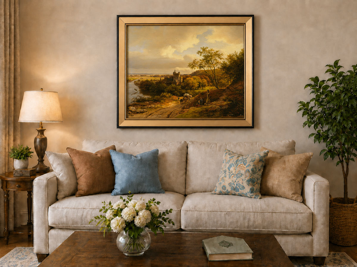 Landscape Oil Painting - Autumn Castle Landscape with Horse Cart
