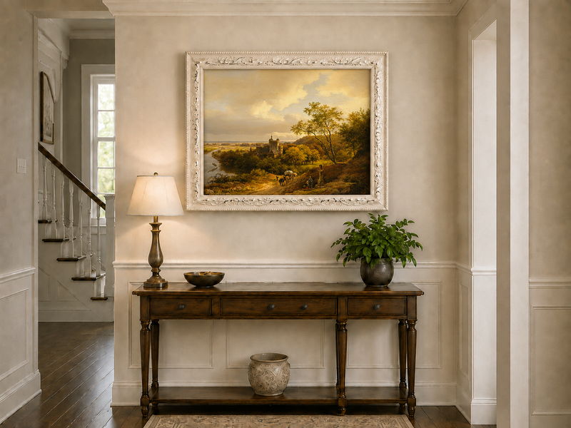 Landscape Oil Painting - Autumn Castle Landscape with Horse Cart