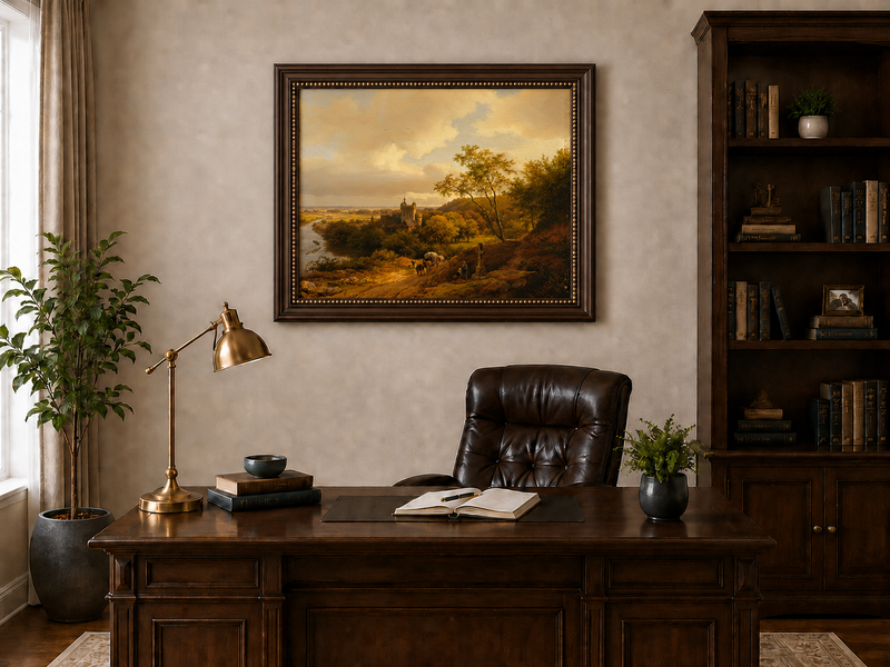 Landscape Oil Painting - Autumn Castle Landscape with Horse Cart