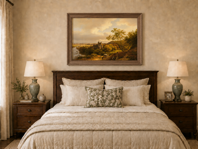 Landscape Oil Painting - Autumn Castle Landscape with Horse Cart