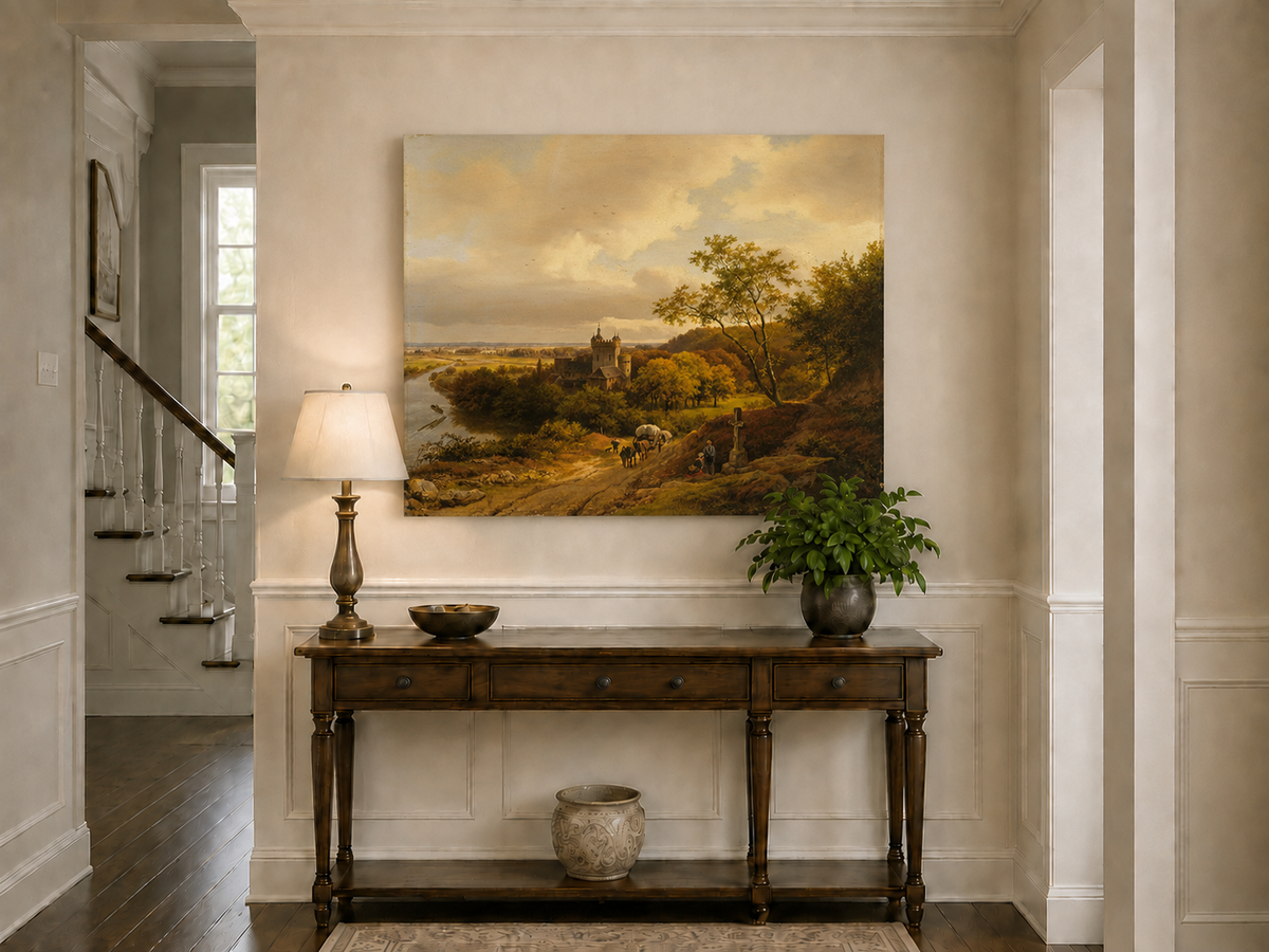 Landscape Oil Painting - Autumn Castle Landscape with Horse Cart