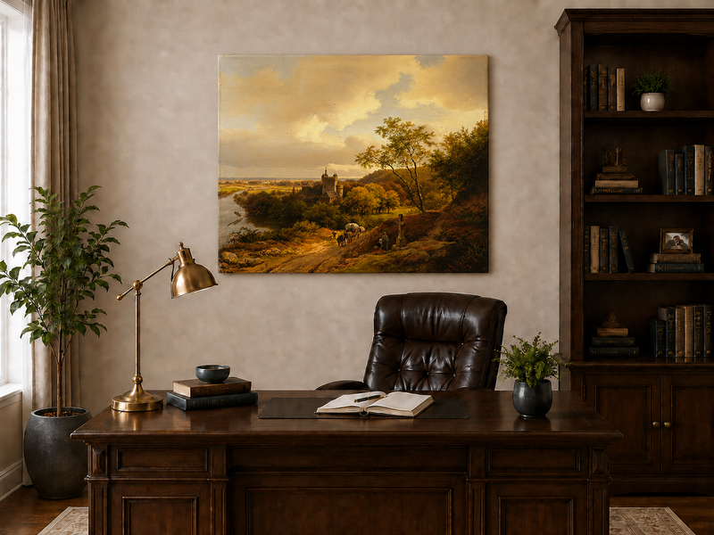 Landscape Oil Painting - Autumn Castle Landscape with Horse Cart