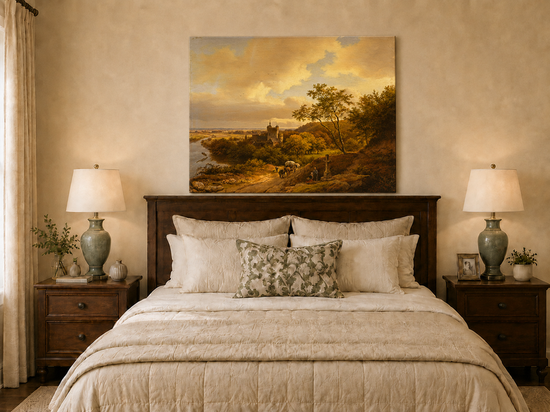 Landscape Oil Painting - Autumn Castle Landscape with Horse Cart