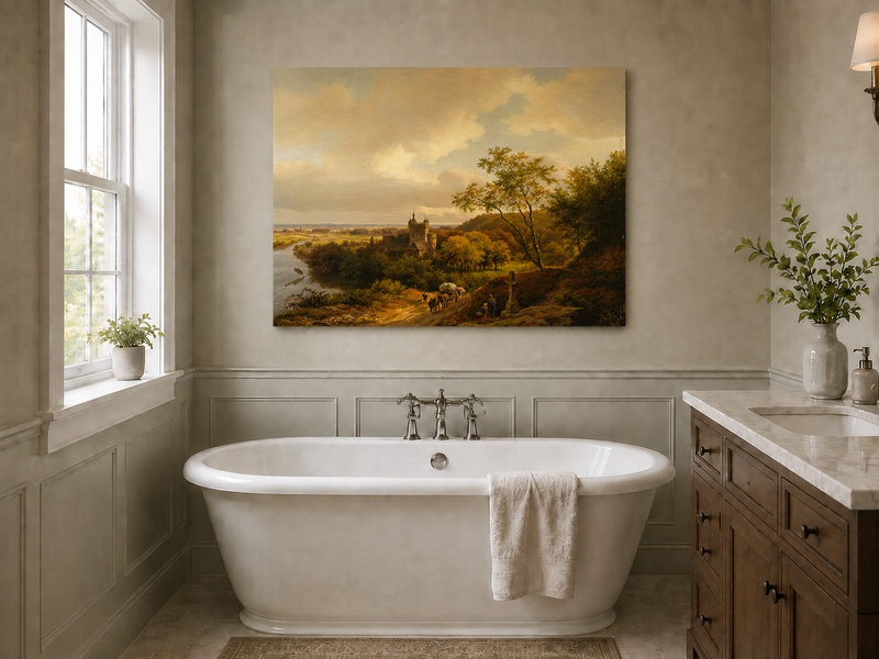 Landscape Oil Painting - Autumn Castle Landscape with Horse Cart