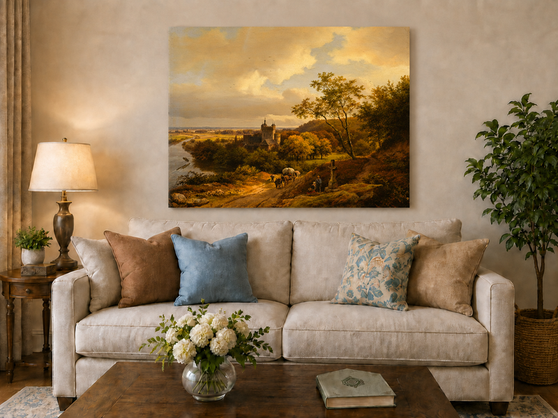 Landscape Oil Painting - Autumn Castle Landscape with Horse Cart