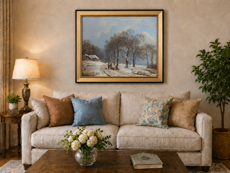 Peinture à l'huile de paysage - Scène de rivière hivernale avec personnages et chevaux