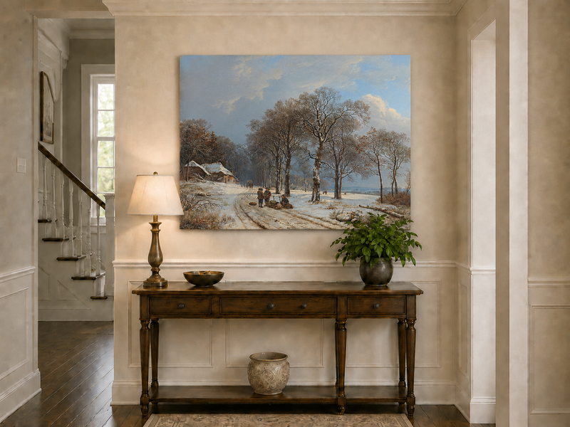 Peinture à l'huile de paysage - Scène de rivière hivernale avec personnages et chevaux