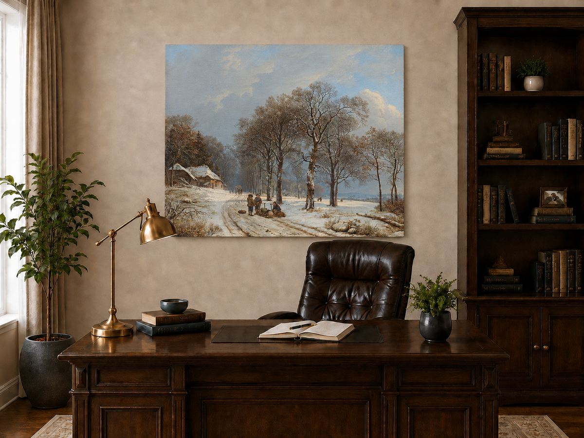 Peinture à l'huile de paysage - Scène de rivière hivernale avec personnages et chevaux