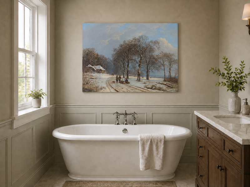 Peinture à l'huile de paysage - Scène de rivière hivernale avec personnages et chevaux