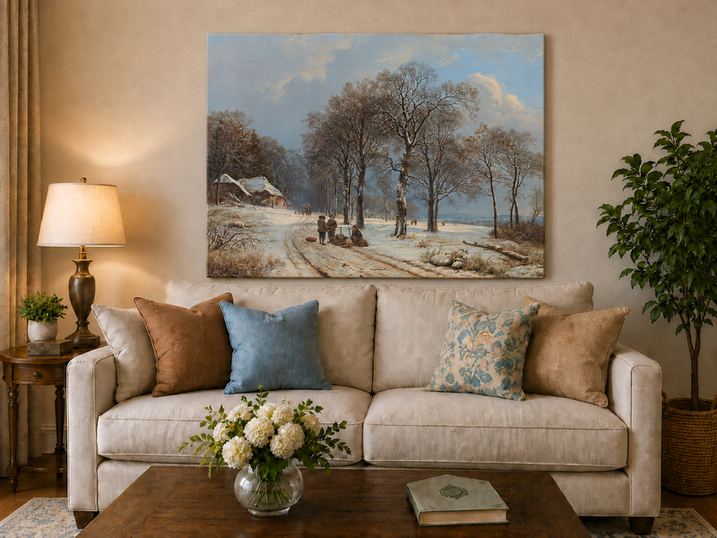Peinture à l'huile de paysage - Scène de rivière hivernale avec personnages et chevaux