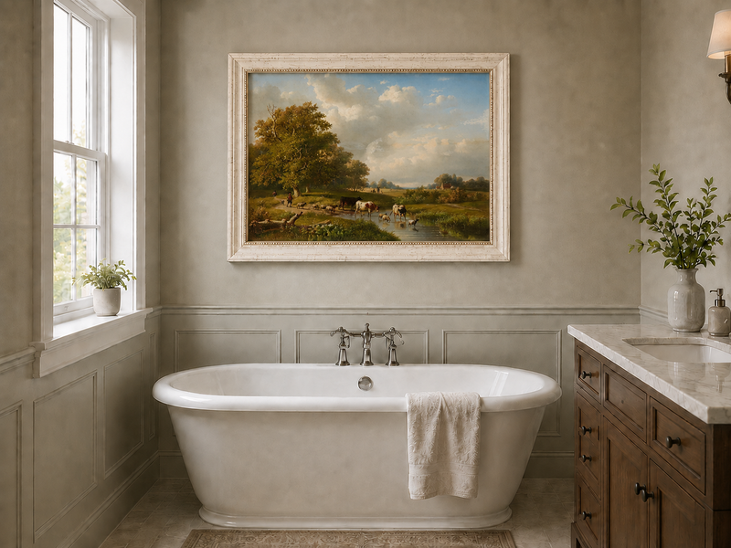 Landscape Oil Painting - Pastoral Meadow with Cattle and Sheep