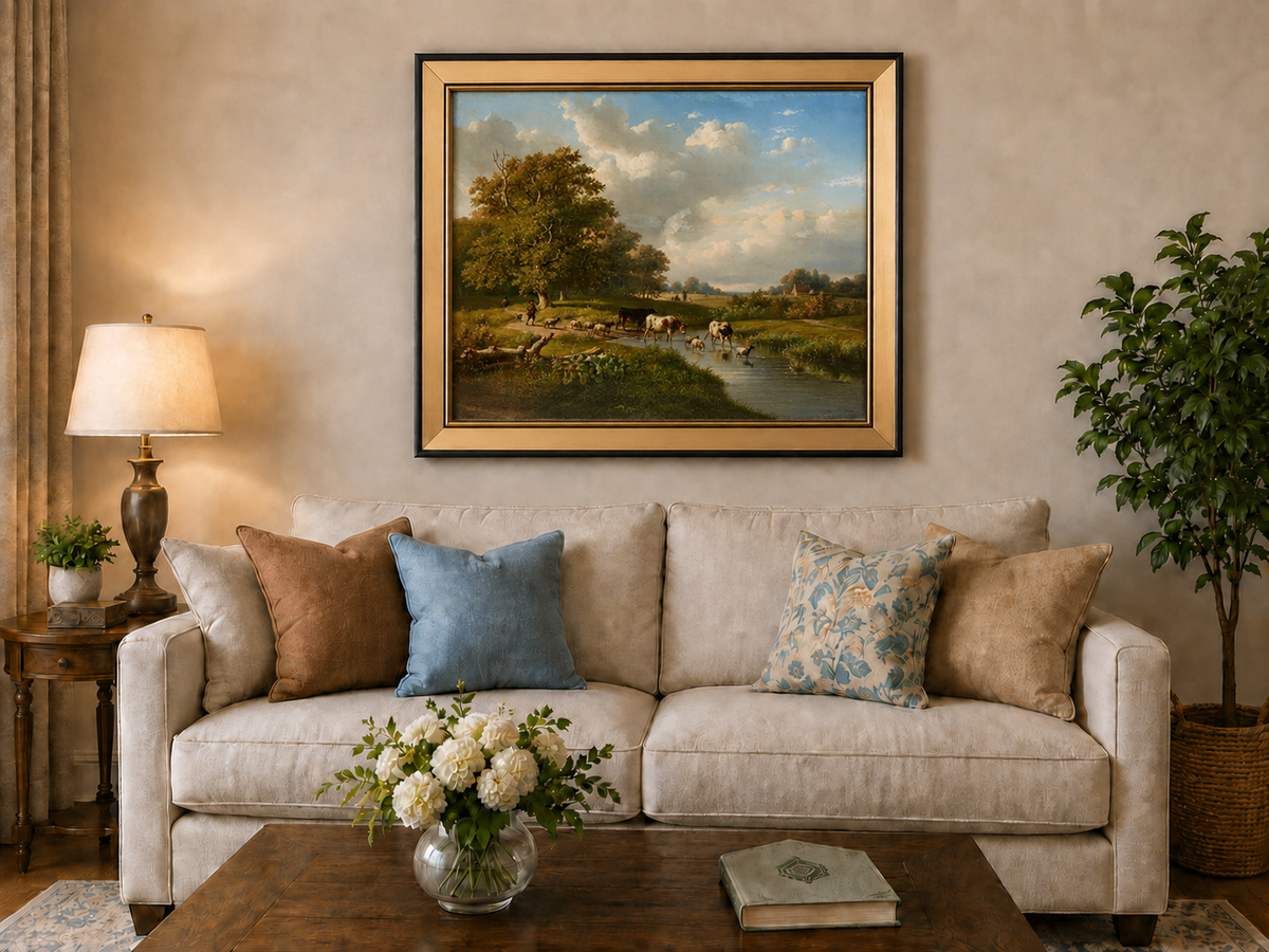 Landscape Oil Painting - Pastoral Meadow with Cattle and Sheep