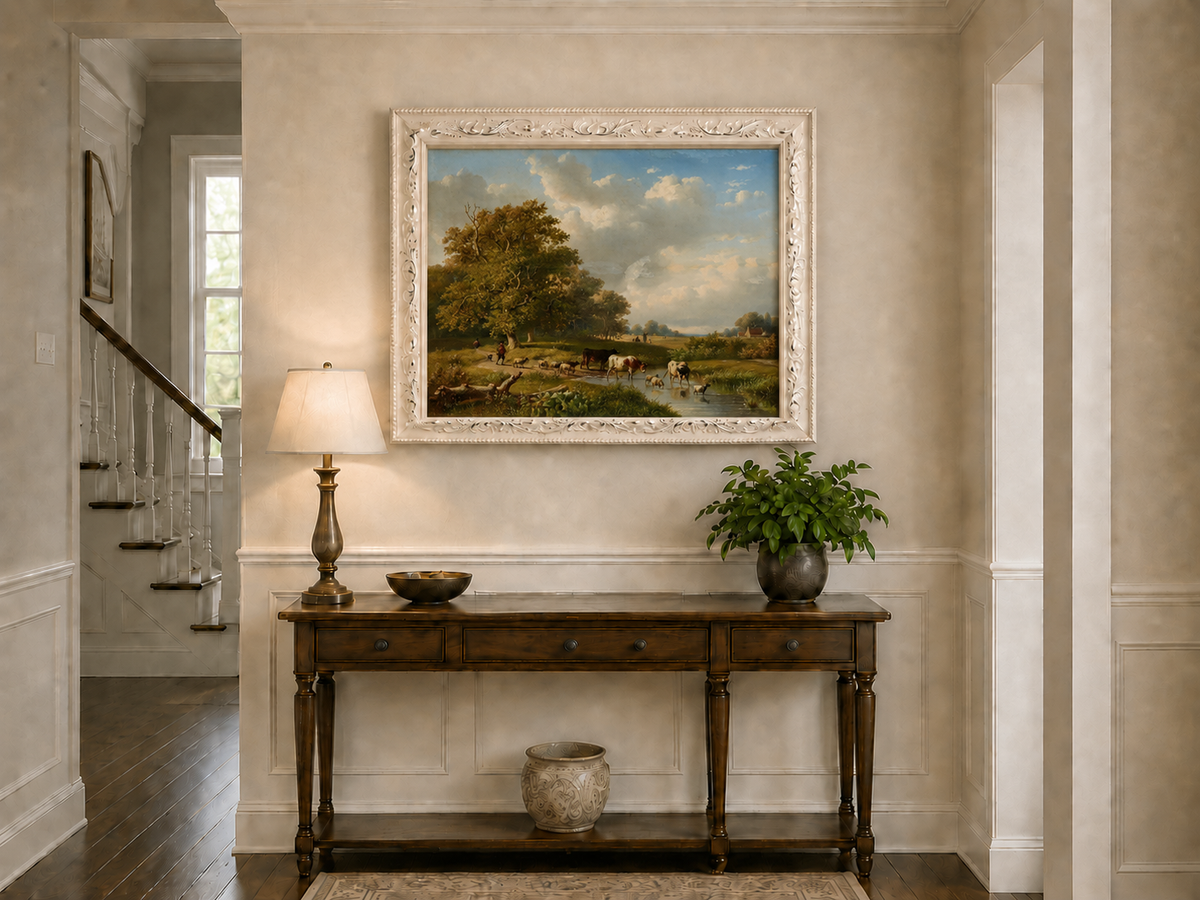 Landscape Oil Painting - Pastoral Meadow with Cattle and Sheep