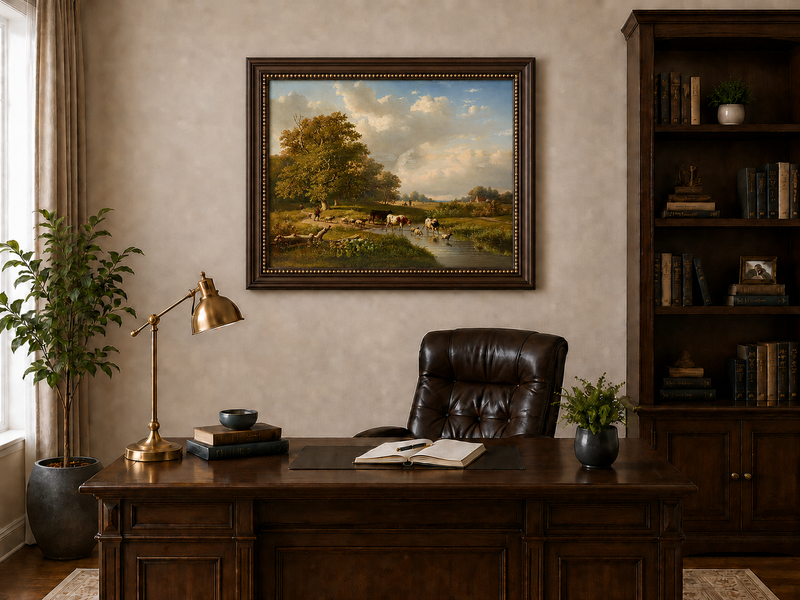 Landscape Oil Painting - Pastoral Meadow with Cattle and Sheep