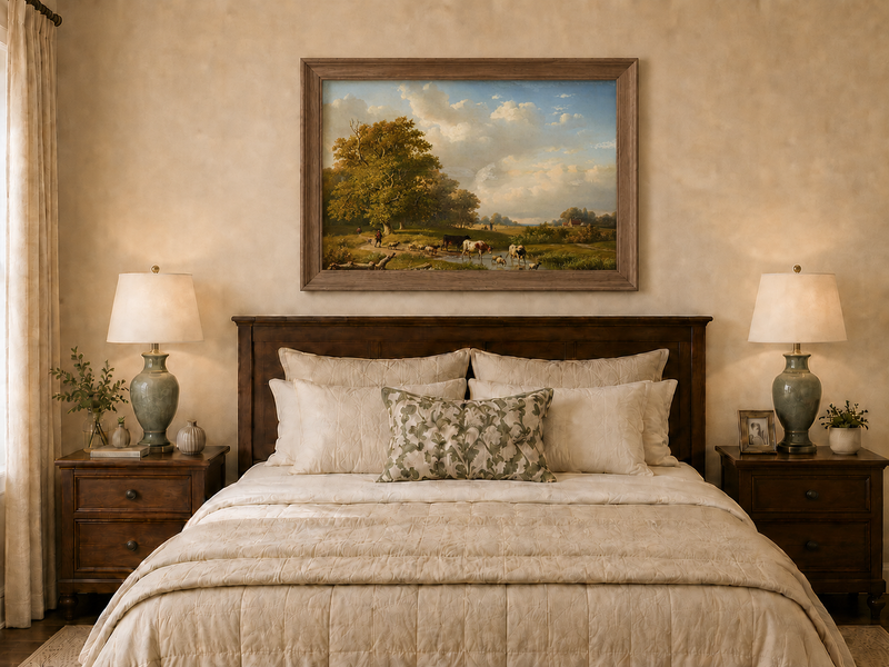 Landscape Oil Painting - Pastoral Meadow with Cattle and Sheep