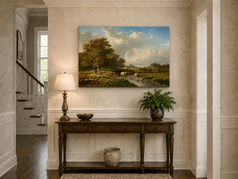Landscape Oil Painting - Pastoral Meadow with Cattle and Sheep