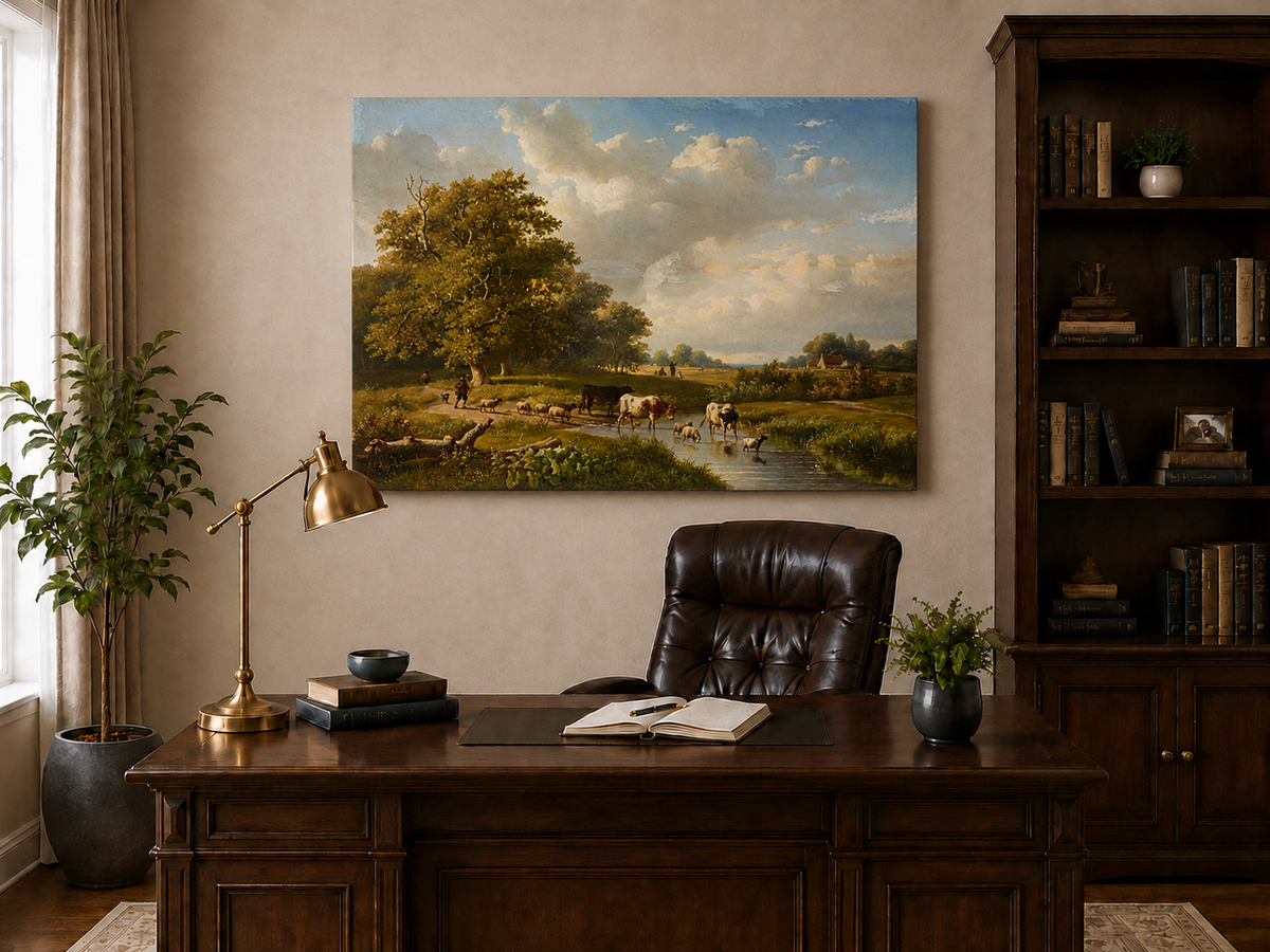 Landscape Oil Painting - Pastoral Meadow with Cattle and Sheep
