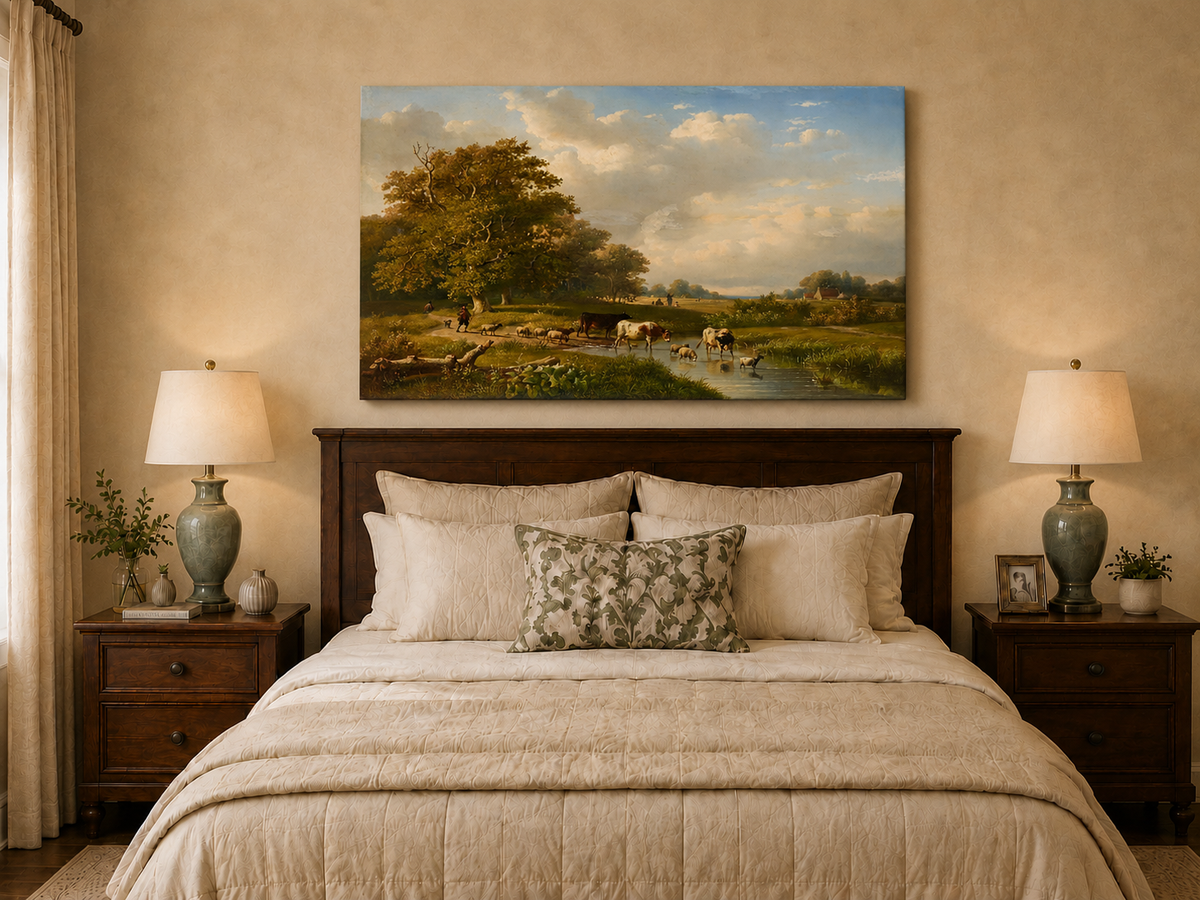Landscape Oil Painting - Pastoral Meadow with Cattle and Sheep