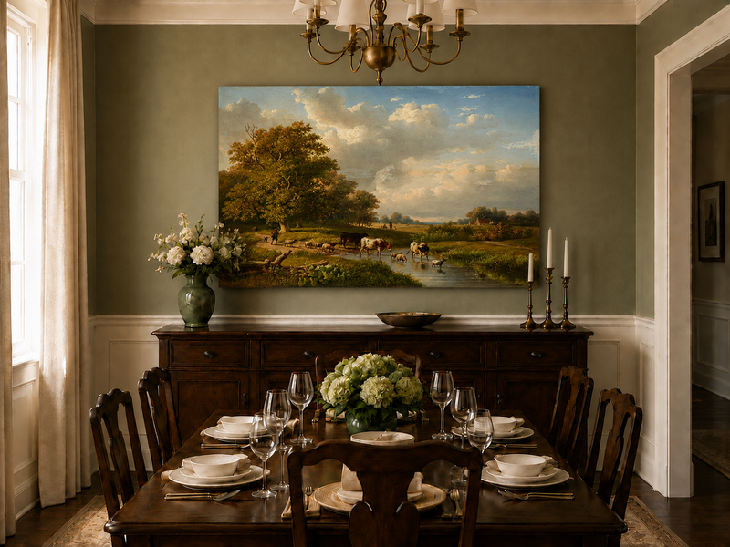 Landscape Oil Painting - Pastoral Meadow with Cattle and Sheep
