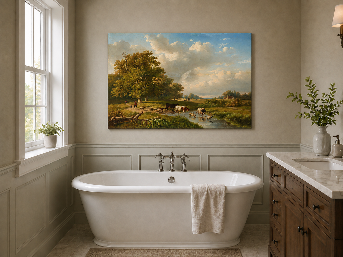 Landscape Oil Painting - Pastoral Meadow with Cattle and Sheep