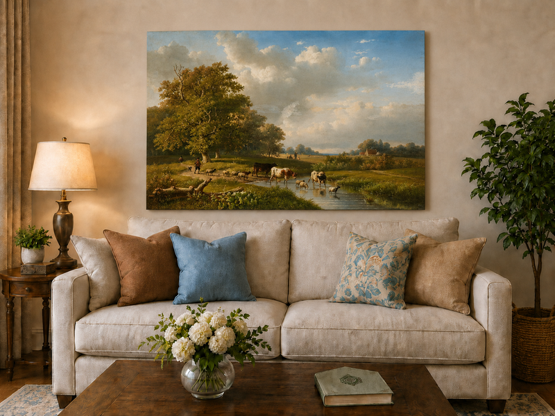 Landscape Oil Painting - Pastoral Meadow with Cattle and Sheep
