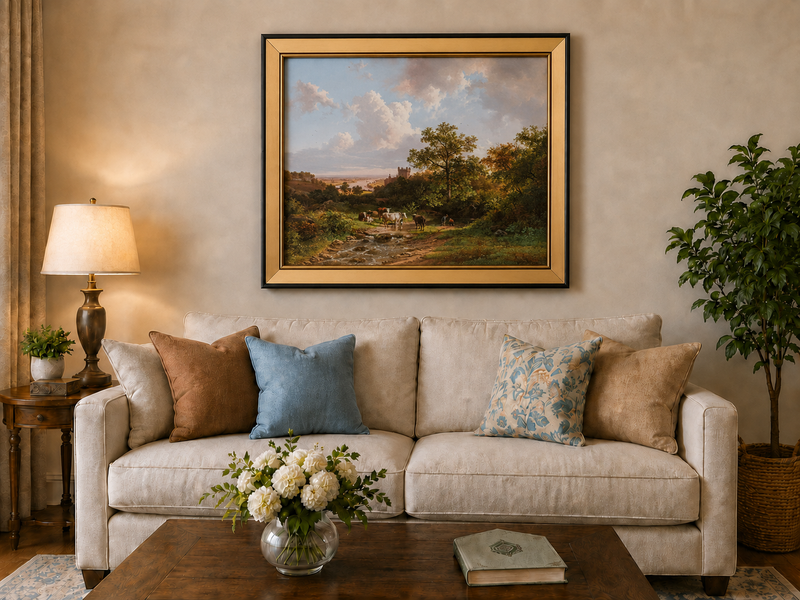Landscape Oil Painting - Pastoral Cattle Scene with Castle View