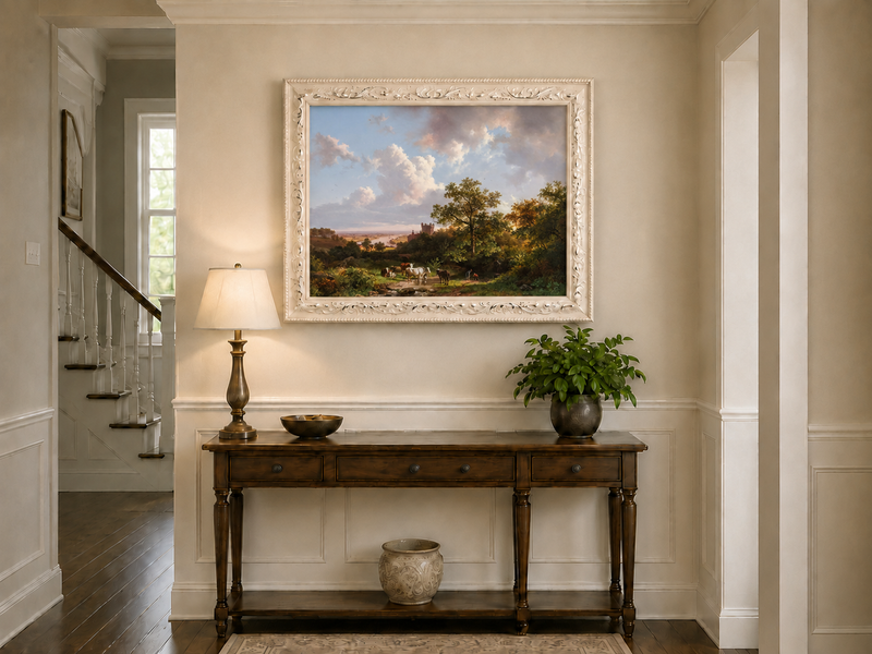 Landscape Oil Painting - Pastoral Cattle Scene with Castle View