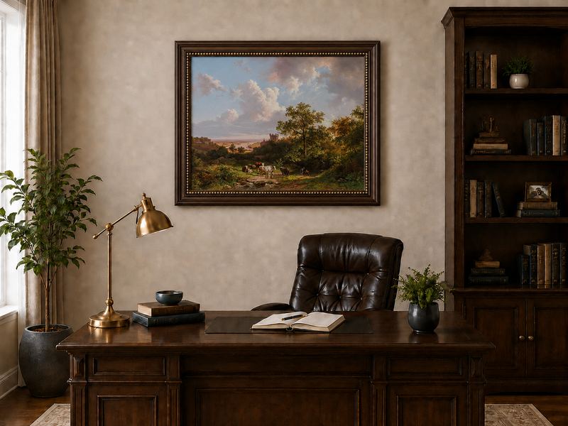 Landscape Oil Painting - Pastoral Cattle Scene with Castle View